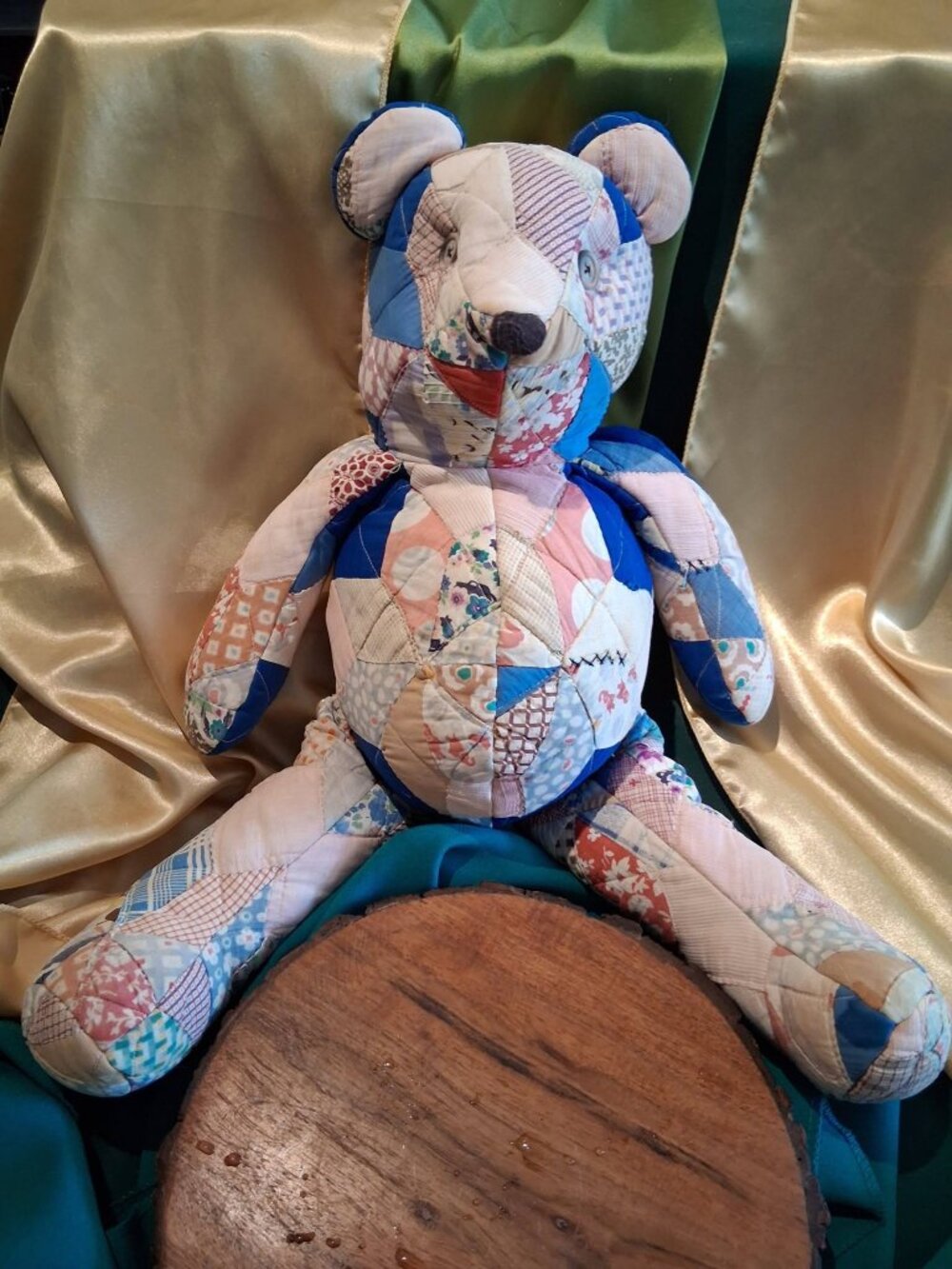 Vintage Quilted Patchwork Teddy Bear Stuffed Animal with Button Eyes